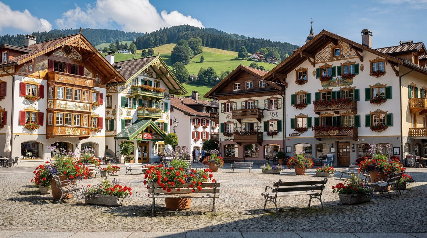 Appenzeller Dorfplatz mit bemalten Fassaden und Hügeln