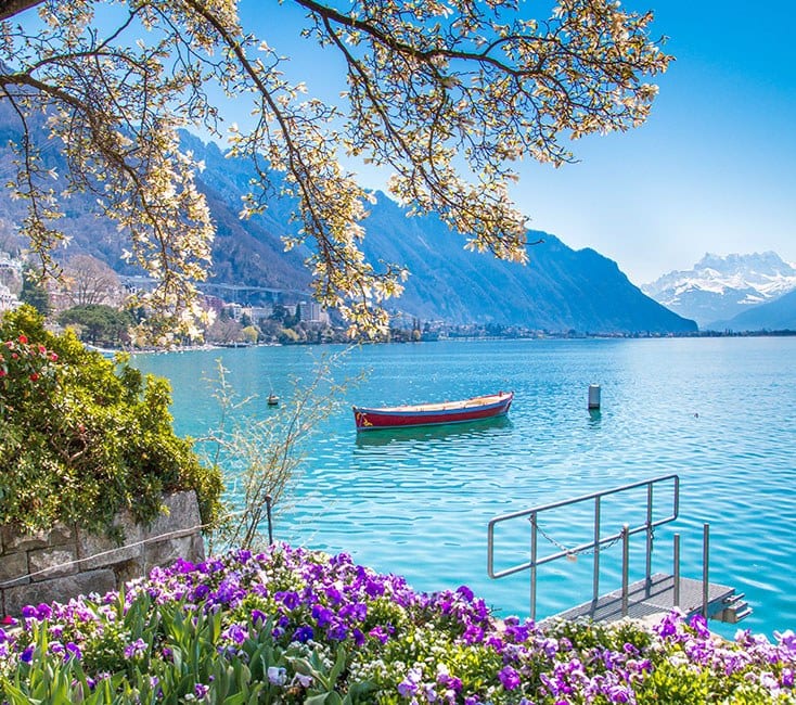 Genfersee bei Montreux, Blumen und Boot am Ufer